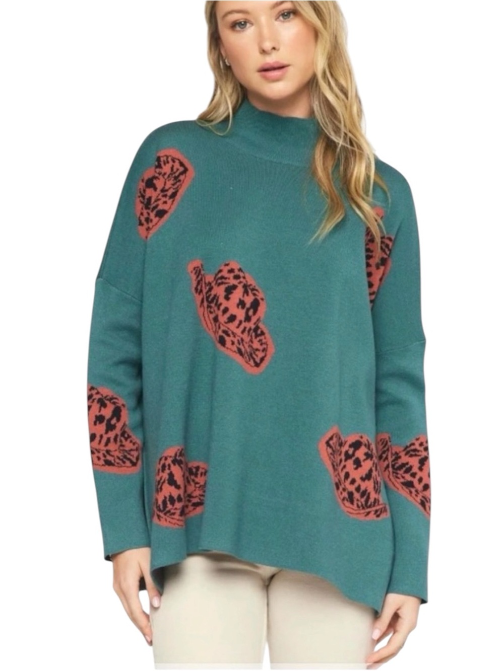 Entro Oversized Teal Mock Turtleneck Sweater with Cowboy Hat Motif - Large